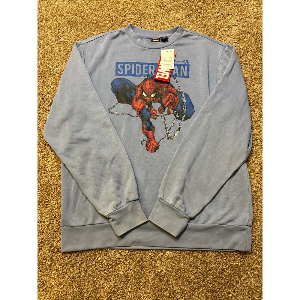 NWT Marvel Spider Man Japanese Mad Engine Pullover Crewneck Blue Mens Size XL